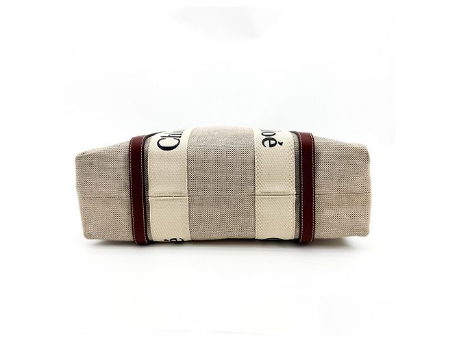 Chloé Borsa Tote Chloe Woody in Tela e Pelle Medium Beige - vista 6