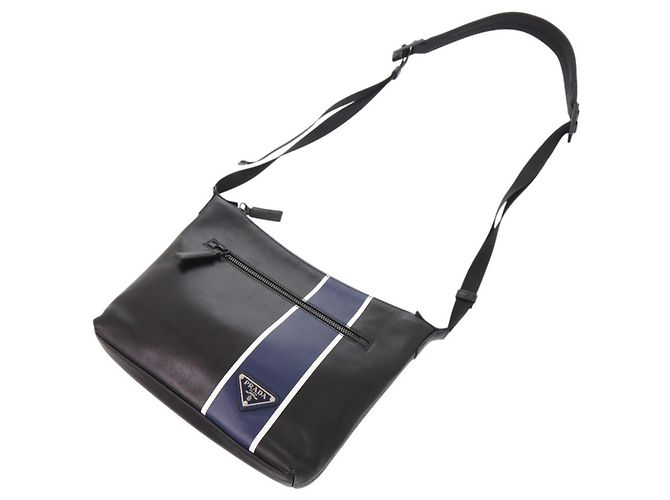 Prada Triangle Logo Schultertasche aus Leder Schwarz Blau - Ansicht 5