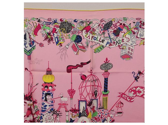 Hermès HERMES Carre 90 Seidentuch Rosa Gelb "La Folle Parade" Auth ki6876M Pink - Ansicht 3