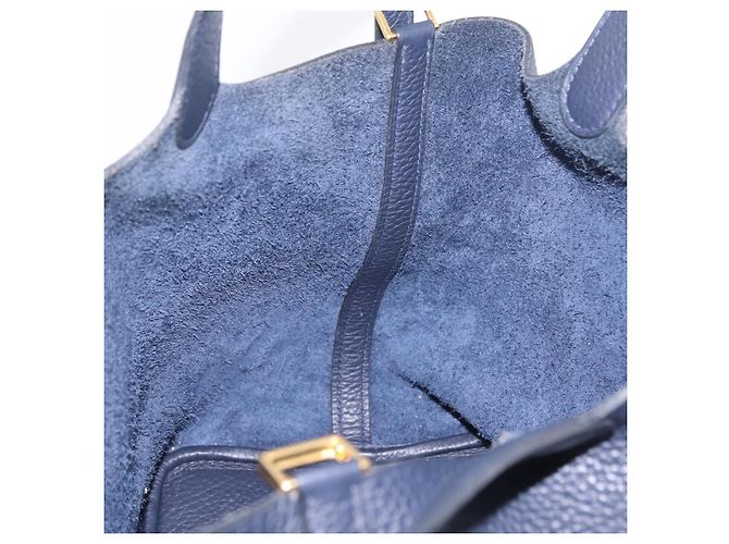 Hermès Borsa a mano HERMES Picotan Lock MM Pelle Taurillon Navy Gold Auth 204768SM D'oro Blu navy - vista 19