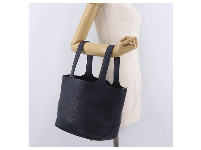 Hermès Borsa a mano HERMES Picotan Lock MM Pelle Taurillon Navy Gold Auth 204768SM D'oro Blu navy - vista 25
