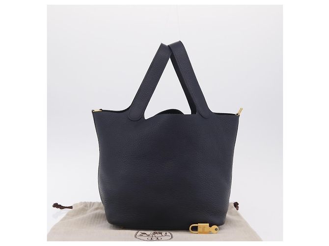 Hermès Borsa a mano HERMES Picotan Lock MM Pelle Taurillon Navy Gold Auth 204768SM D'oro Blu navy - vista 26