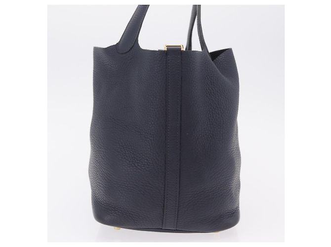 Hermès Borsa a mano HERMES Picotan Lock MM Pelle Taurillon Navy Gold Auth 204768SM D'oro Blu navy - vista 4