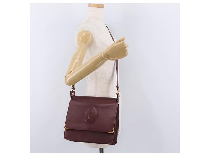 Borsa a tracolla CARTIER Must Line Pelle Bordeaux Gold Auth ka6344 D'oro Bordò - vista 29
