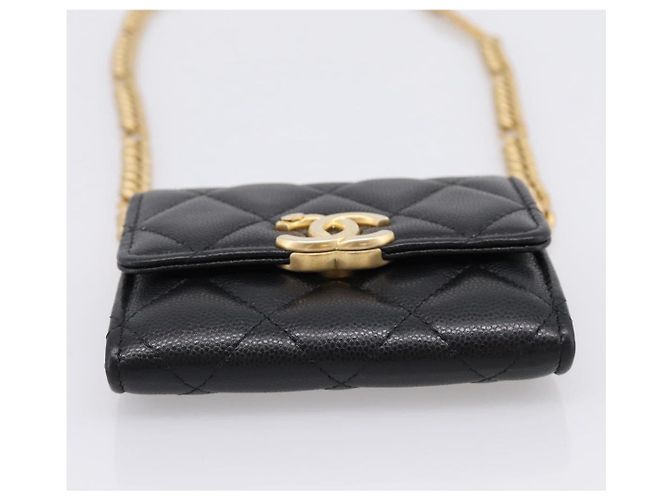 CHANEL Matelasse Chain Shoulder Card Case Caviar Skin Black Gold CC Auth ka6420V Nero D'oro - vista 10