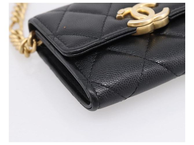 CHANEL Matelasse Chain Shoulder Card Case Caviar Skin Black Gold CC Auth ka6420V Nero D'oro - vista 12