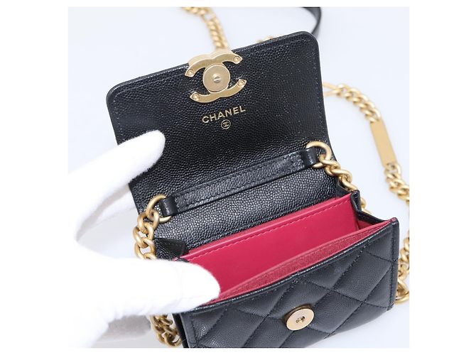 CHANEL Matelasse Chain Shoulder Card Case Caviar Skin Black Gold CC Auth ka6420V Nero D'oro - vista 16