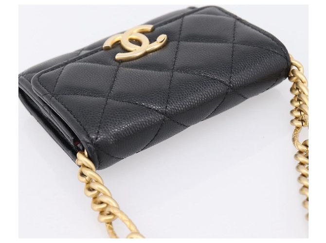 CHANEL Matelasse Chain Shoulder Card Case Caviar Skin Black Gold CC Auth ka6420V Nero D'oro - vista 6