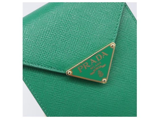 Saffiano Borsetta a spalla con catena PRADA in pelle Safiano Green Gold Auth LN130V D'oro Verde - vista 19