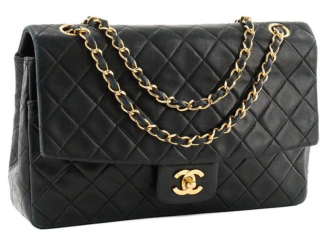 CHANEL - Vintage schwarze glatte Leder Classic/Timeless Simple Flap Schultertasche - Ansicht 2