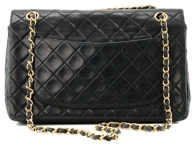 CHANEL - Vintage schwarze glatte Leder Classic/Timeless Simple Flap Schultertasche - Ansicht 3