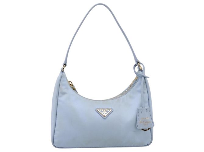 Bolsa de Mão PRADA Nylon Azul Claro Gold Auth ep15940A Dourado - vista 13
