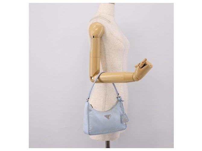 Bolsa de Mão PRADA Nylon Azul Claro Gold Auth ep15940A Dourado - vista 24