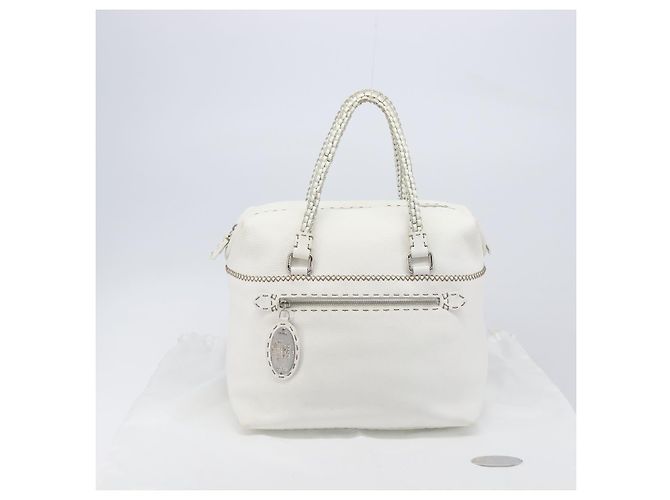 FENDI Celeria Tote Bag aus Leder Weiß Silber Auth bs37416V - Ansicht 12