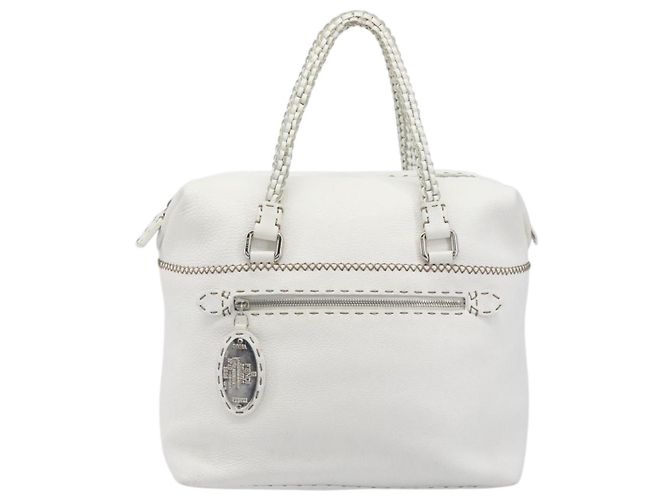 FENDI Celeria Tote Bag aus Leder Weiß Silber Auth bs37416V - Ansicht 13