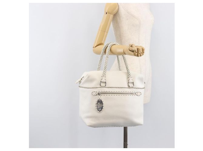 FENDI Celeria Tote Bag aus Leder Weiß Silber Auth bs37416V - Ansicht 28