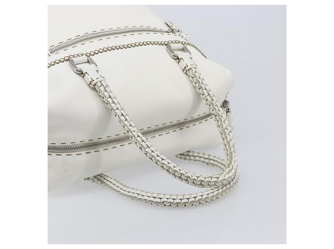 FENDI Celeria Tote Bag aus Leder Weiß Silber Auth bs37416V - Ansicht 8