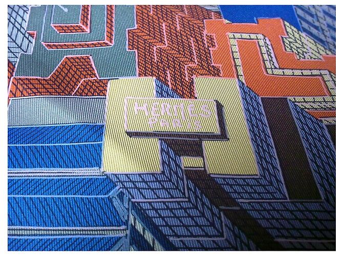Lenço Hermès Pantin City 90cm Marrom Branco Vermelho Azul Multicor Verde Laranja Cinza - vista 2