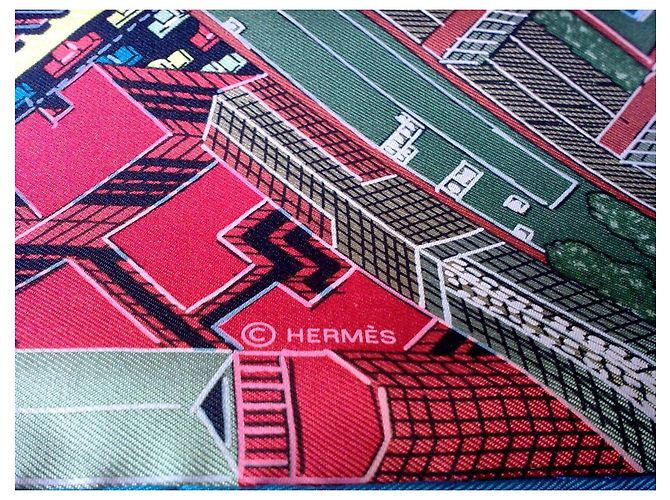 Lenço Hermès Pantin City 90cm Marrom Branco Vermelho Azul Multicor Verde Laranja Cinza - vista 3