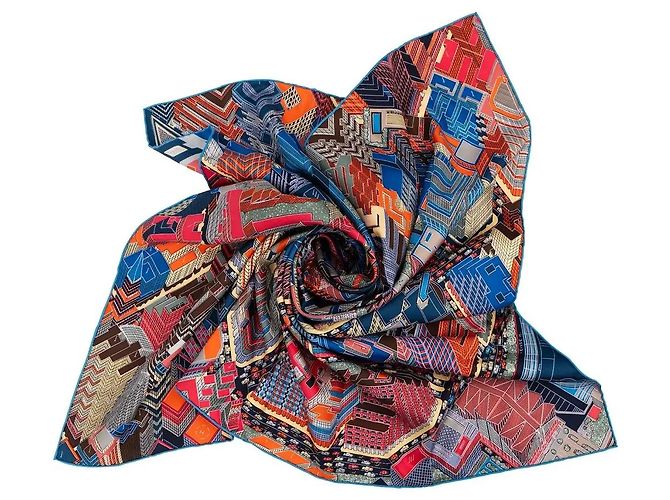 Lenço Hermès Pantin City 90cm Marrom Branco Vermelho Azul Multicor Verde Laranja Cinza - vista 4