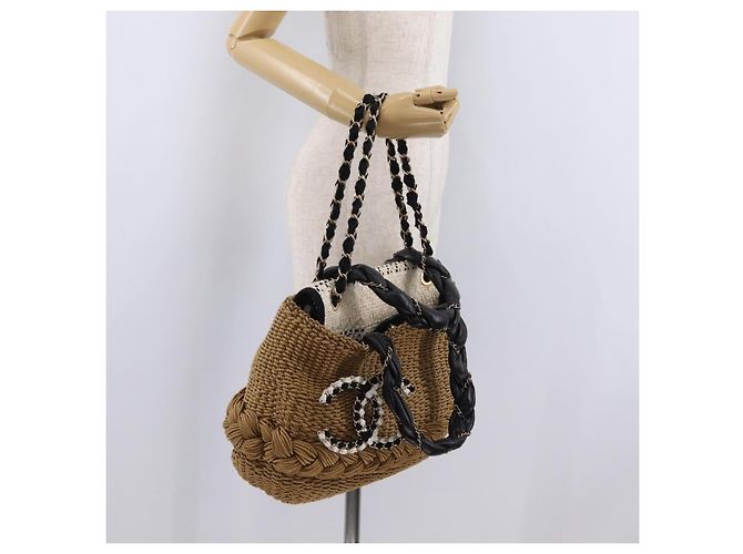 Borsa a tracolla con catena CHANEL in rafia 2way Beige Gold CC Auth 200780SAM D'oro - vista 27