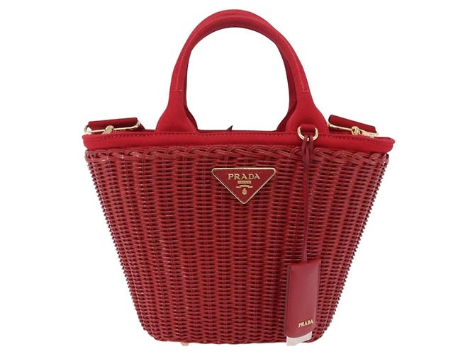 Borsa a mano PRADA in vimini e rattan 2way Rosso Oro Auth LN124SAM D'oro - vista 13