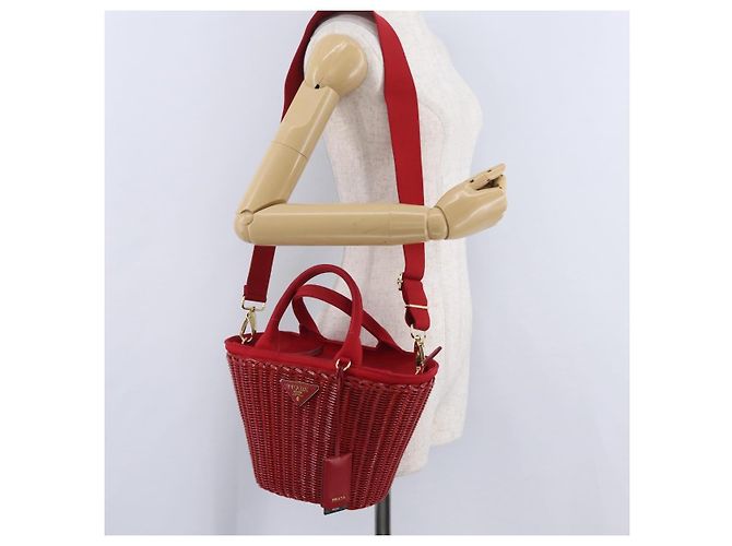 Borsa a mano PRADA in vimini e rattan 2way Rosso Oro Auth LN124SAM D'oro - vista 30