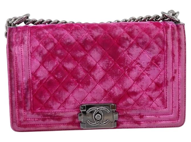 Borsa a tracolla con catena CHANEL Matelasse Boy Chanel Velluto Rosa Argento CC Auth 206259M - vista 2