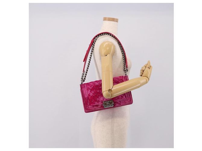 Borsa a tracolla con catena CHANEL Matelasse Boy Chanel Velluto Rosa Argento CC Auth 206259M - vista 22