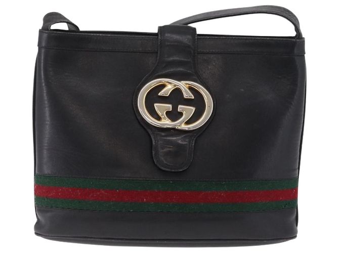 Bolsa de Ombro GUCCI Web Sherry Line em Couro Preto e Dourado Auth 206101 - vista 2