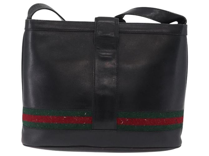 Bolsa de Ombro GUCCI Web Sherry Line em Couro Preto e Dourado Auth 206101 - vista 3