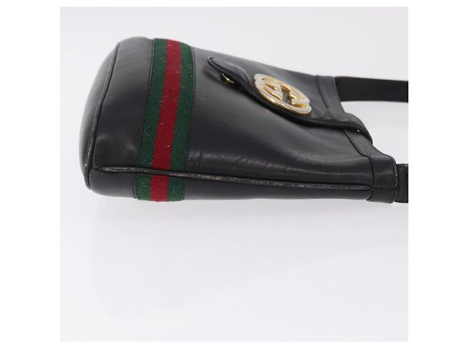 Bolsa de Ombro GUCCI Web Sherry Line em Couro Preto e Dourado Auth 206101 - vista 5