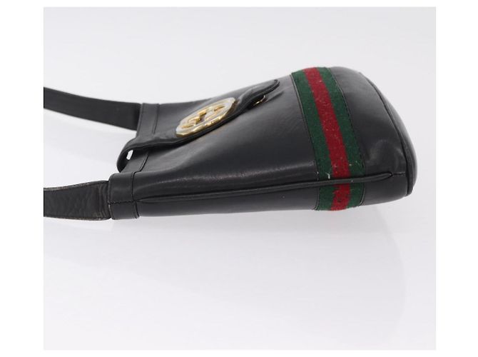 Bolsa de Ombro GUCCI Web Sherry Line em Couro Preto e Dourado Auth 206101 - vista 7