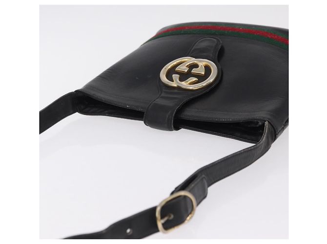 Bolsa de Ombro GUCCI Web Sherry Line em Couro Preto e Dourado Auth 206101 - vista 8