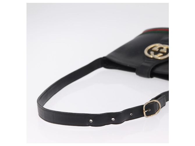 Bolsa de Ombro GUCCI Web Sherry Line em Couro Preto e Dourado Auth 206101 - vista 9