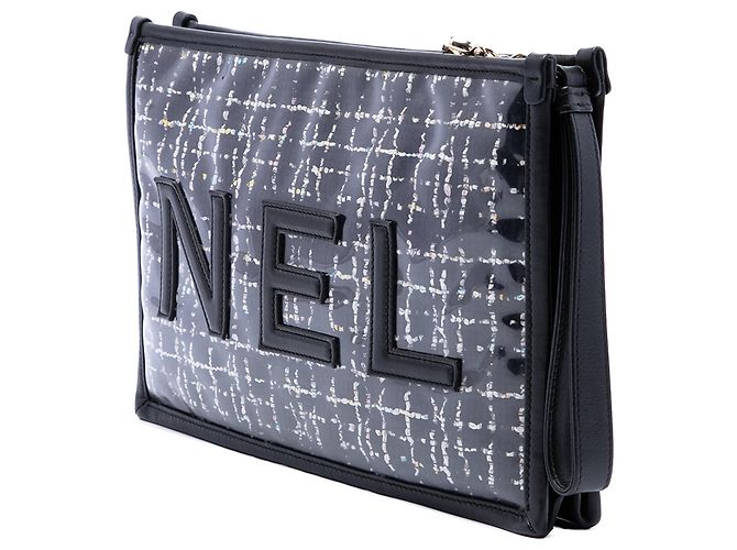 Clutch da polso Chanel Large Quilted Tweed PVC Logo Nera Nero - vista 2