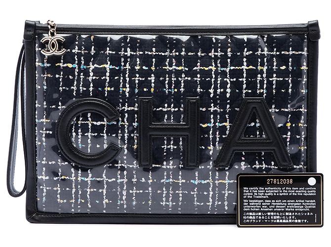 Clutch da polso Chanel Large Quilted Tweed PVC Logo Nera Nero - vista 7