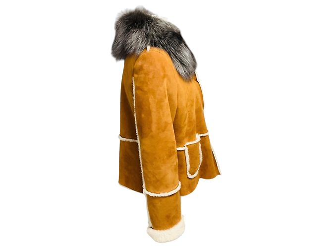 Autre Marque Chaqueta de gamuza forrada de piel de oveja Cognac Eleventy con cuello de piel de zorro Camello - vista 2