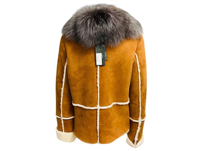 Autre Marque Chaqueta de gamuza forrada de piel de oveja Cognac Eleventy con cuello de piel de zorro Camello - vista 3