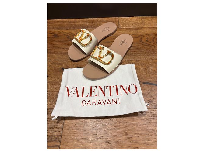 Ciabatte in pelle Valentino Garavani VLogo Perle e Corallo Bianco D'oro - vista 6