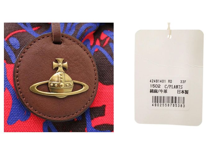 Borsa in pelle e tela Vivienne Westwood Marrone Rosso Blu - vista 10
