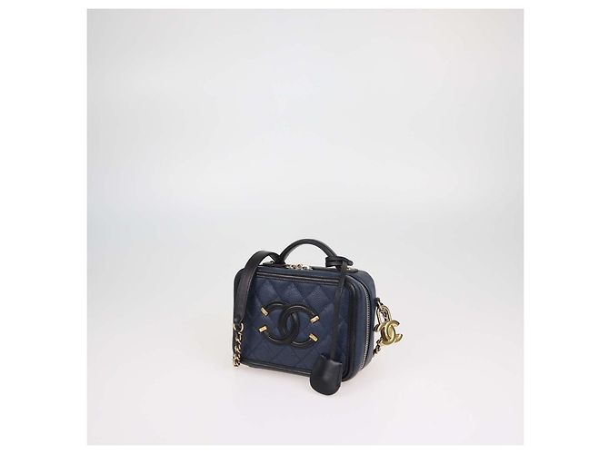 Chanel Piccola borsa vanity in pelle caviar matelassé blu navy e nera Nero - vista 2
