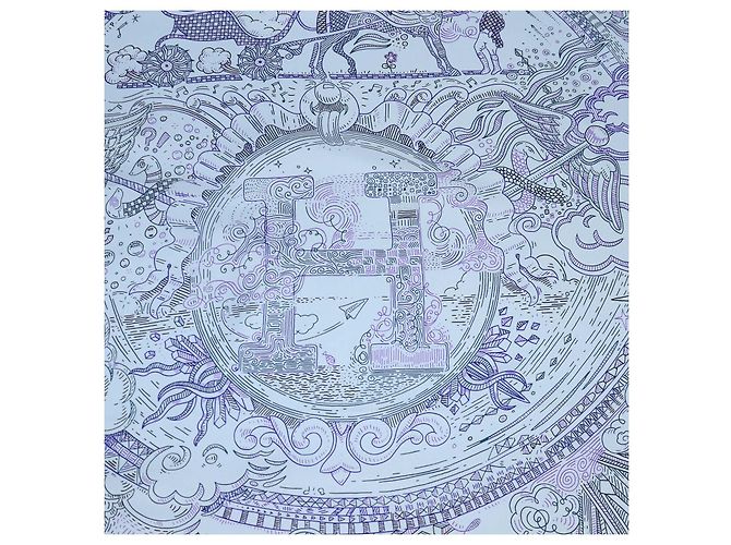 Hermès Hermes Blue Ciel, Encre, Violet Silk Please Hold The Line Scarf 90 - vista 2