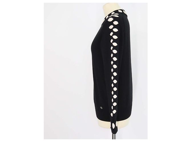 Chanel Black, Ivory Blend Wool Embroidered Applique Crew Neck Sweater - view 2