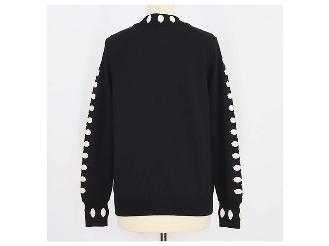 Chanel Black, Ivory Blend Wool Embroidered Applique Crew Neck Sweater - view 3