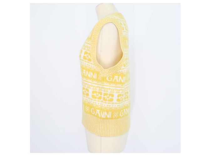 Ganni Yellow, Off White Wool Logo Print V-Neck Sleeveless Top Amarillo - vista 2
