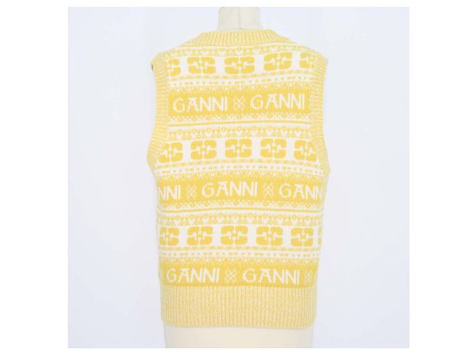 Ganni Yellow, Off White Wool Logo Print V-Neck Sleeveless Top Amarillo - vista 3