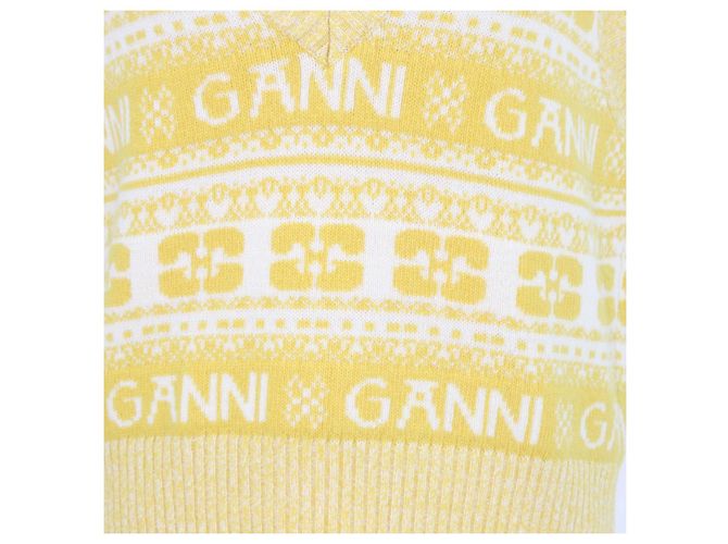 Ganni Yellow, Off White Wool Logo Print V-Neck Sleeveless Top Amarillo - vista 4
