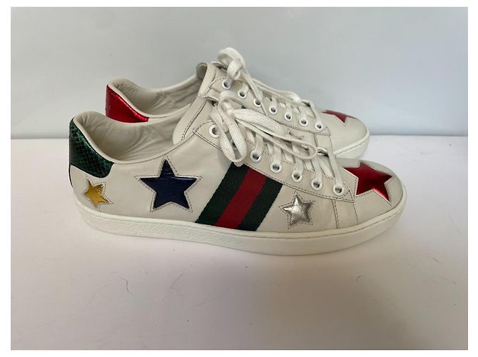 Gucci Ace Star Leder-Sneaker Silber Weiß Rot Blau Golden Grün - Ansicht 2