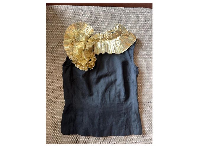 Dries Van Noten Top sin mangas negro con cuello de volantes dorados - vista 3